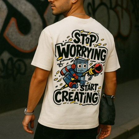 men’s white graphic back oversize printed t shirt – “stop worrying, start creating"