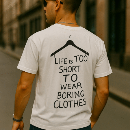 white round neck graphic back print t shirt – “life is too short to wear boring clothes”